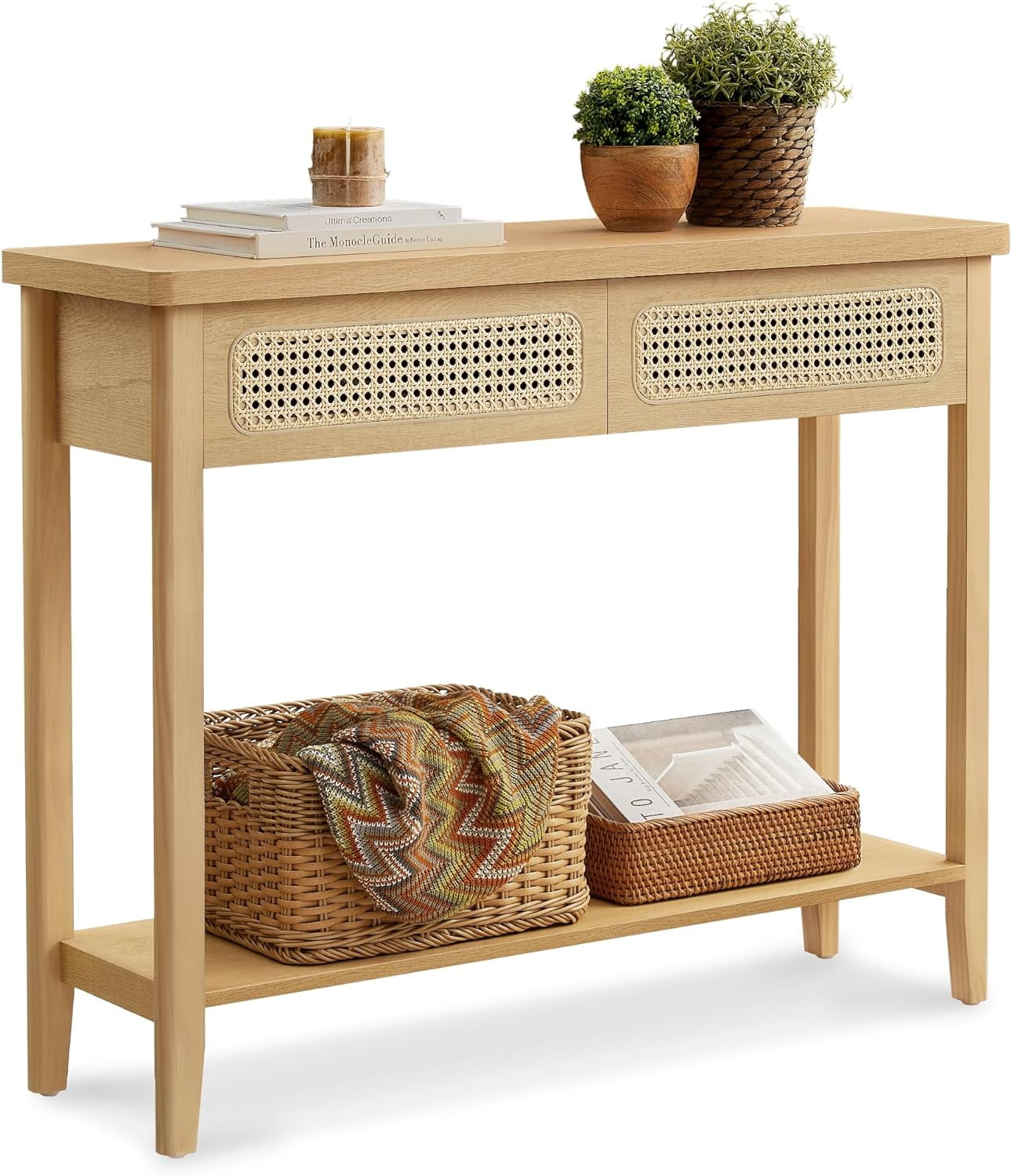 Oak Beige Particle Board Console Table with Storage Drawers