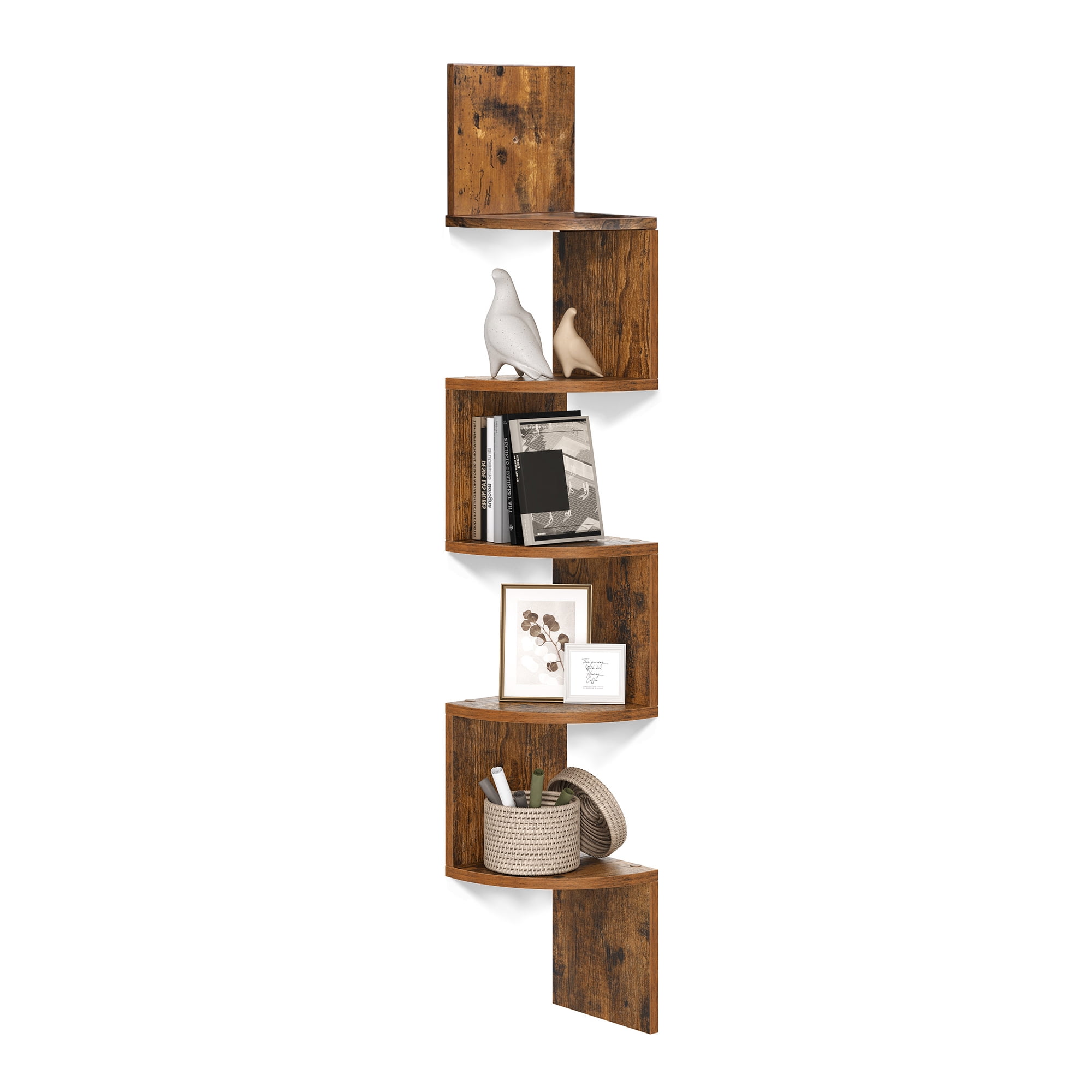 Rustic Brown 5-Tier Floating Corner Wall Shelf