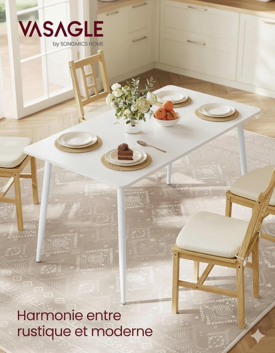 VASAGLE Dining Table, Dining Room Table for 4-6 People, Modern, Quick Assembly, Heat-Resistant Surface, 29.5 x 55.1 x 29.5 Inches, Snow White