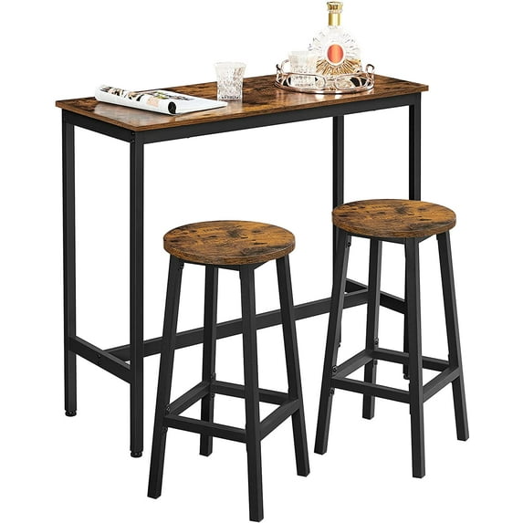VASAGLE Dining Table Set Bar Table and Chairs Set Kitchen Bar Height Table with Stools Set of 2 Rustic Brown and Black