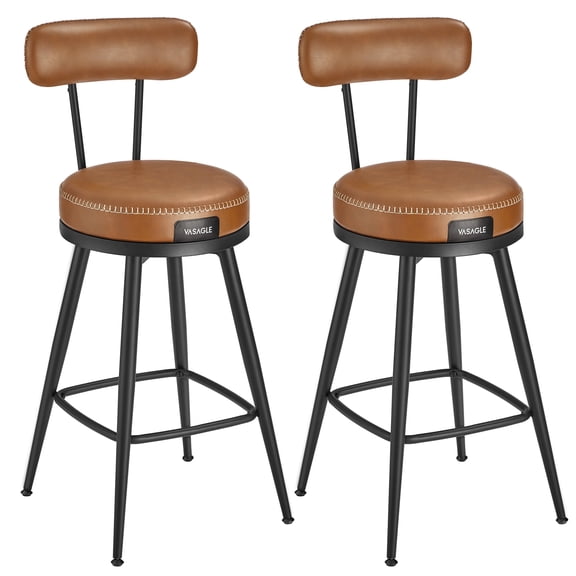 VASAGLE EKHO Collection - Bar Stools Set of 2, Counter Height Swivel Bar Stools with Back, Synthetic Leather with Stitching Caramel Brown