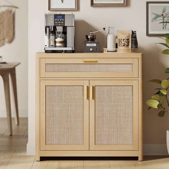 VASAGLE ELLAN Collection - Boho Buffet Cabinet with Rattan-Look Doors, Sideboard Storage Cabinet, Rounded Corners, Adjustable Shelf, Drawer, Oak Beige