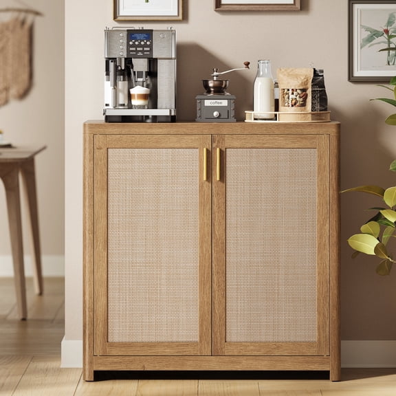 VASAGLE ELLAN Collection - Boho Buffet Cabinet with Rattan-Look Doors, Sideboard Storage Cabinet, Rounded Corners, Adjustable Shelf, for Kitchen, Natural Brown