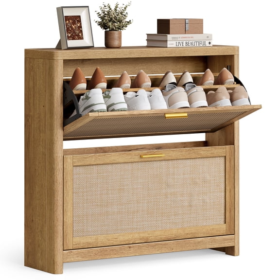 VASAGLE ELLAN Collection - Boho Shoe Storage Cabinet for Entryway, Entry Shoe Cabinet with Rattan-Look Flip Drawers, Rounded Corners, Natural Brown