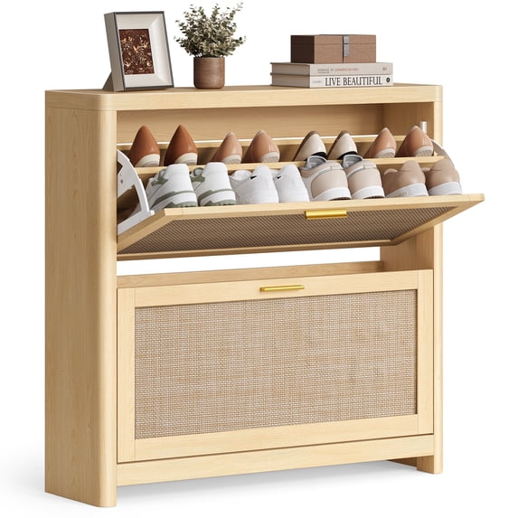 VASAGLE ELLAN Collection - Boho Shoe Storage Cabinet for Entryway , Entry Shoe Cabinet with Rattan-Look Flip Drawers, Rounded Corners, Oak Beige