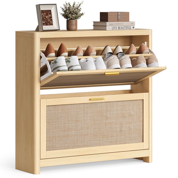 VASAGLE ELLAN Collection - Boho Shoe Storage Cabinet for Entryway , Entry Shoe Cabinet with Rattan-Look Flip Drawers, Rounded Corners, Oak Beige