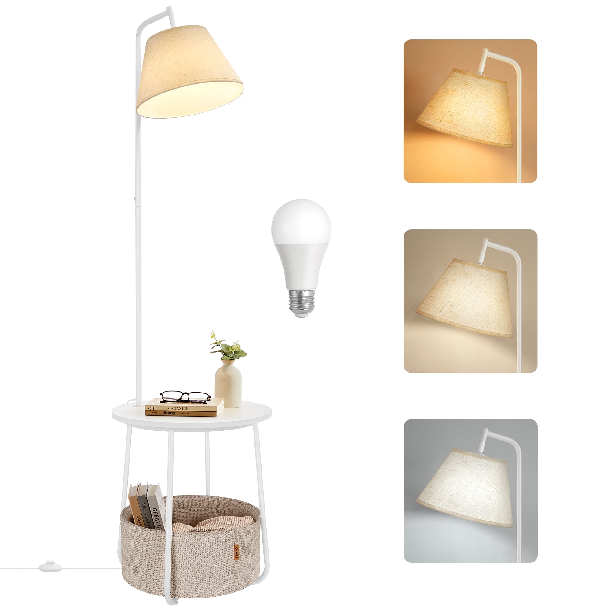 VASAGLE End Table with Lamp, 3-in-1 Floor Lamp with Table and Fabric Basket for Living Room, Tunable LED Bulb Included, Angle-Adjustable Lampshade, Steel Frame, Matte White