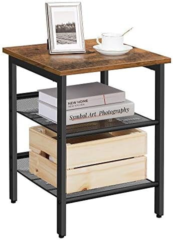 Rustic Brown and Black Industrial End Table with Mesh Shelves