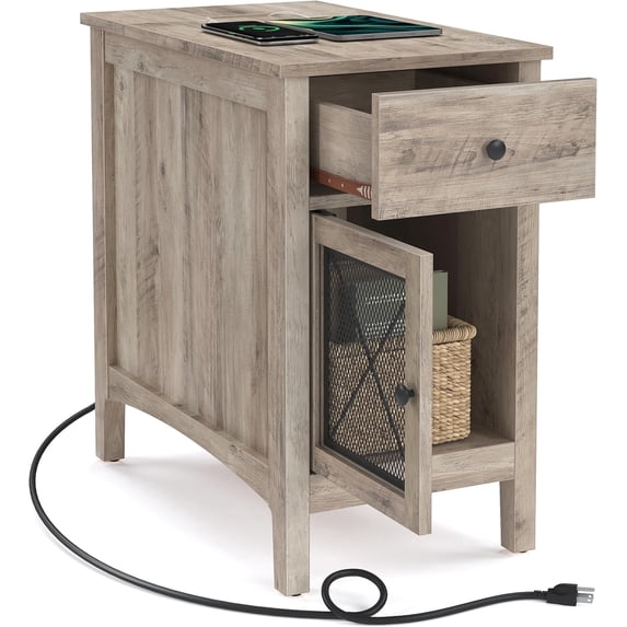 VASAGLE Side Table with Storage, End Table with USB Ports and Outlets, Nightstand with Charging Station, Drawer, Storage Cabinet, Magazine Rack, for Living Room, Bedroom, Greige