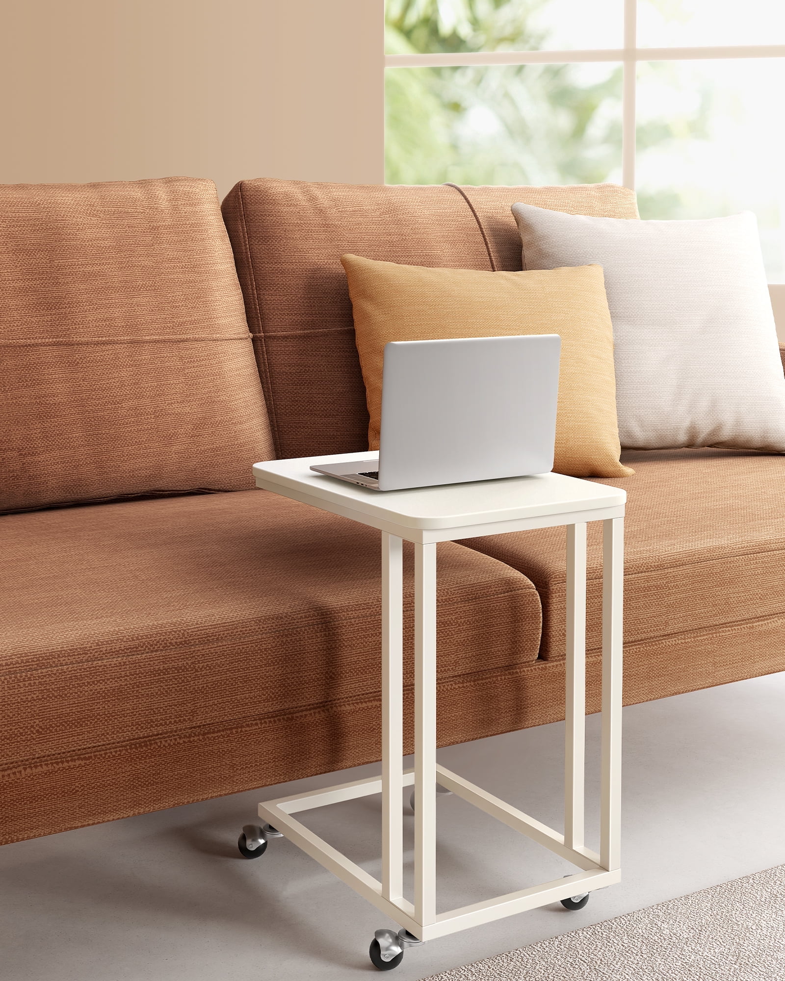 Cream White C-Shaped Metal Frame End Table with Particle Board Top