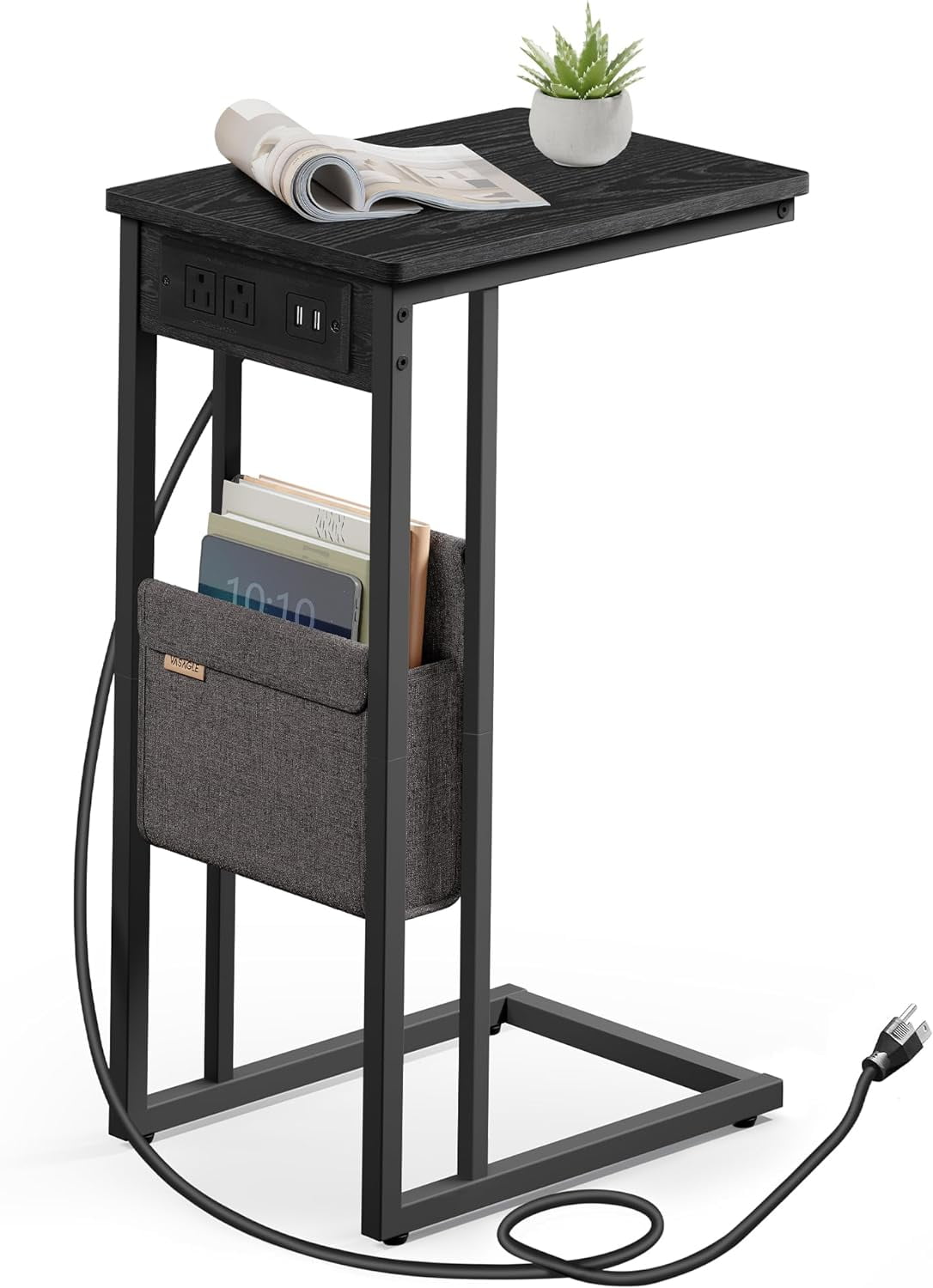 Black Metal C-Shaped Side Table with Charging Station