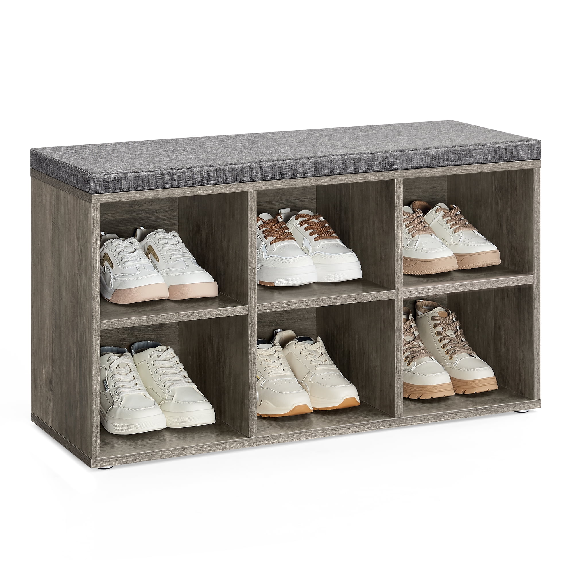 Greige and Gray Upholstered Shoe Storage Bench with Adjustable Shelves