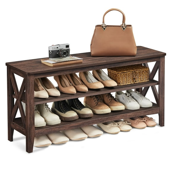 VASAGLE Entryway Storage Bench - 2-Tier Shoe Rack, Farmhouse Style, Honey Brown, Holds up to 600 lb