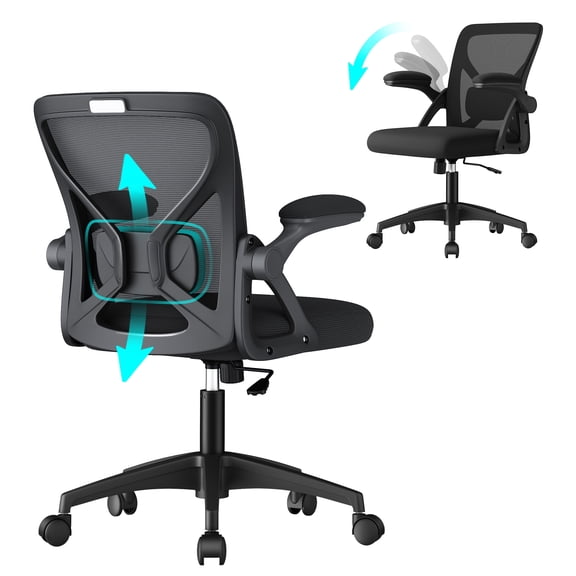VASAGLE Ergonomic Mesh Office Chair with Adjustable Lumbar Support, 90-105° Tilt Function, Wide Seat, Flip‑Up Armrests, Ink Black