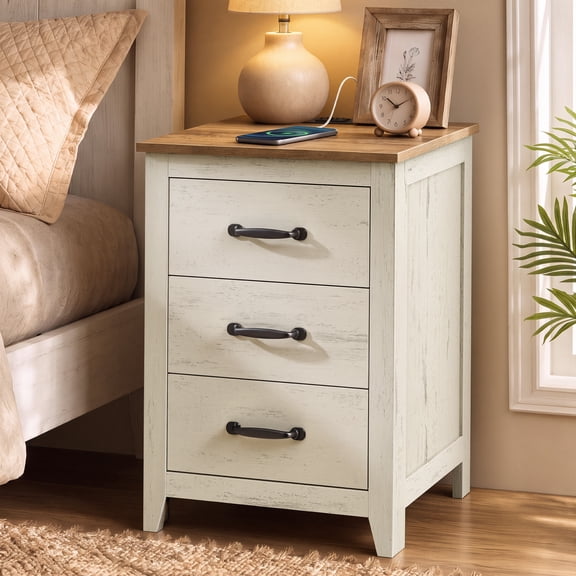 VASAGLE Farmhouse Nightstand with Charging Station, 3 Drawers LIRY Collection, Rustic White and Honey Brown