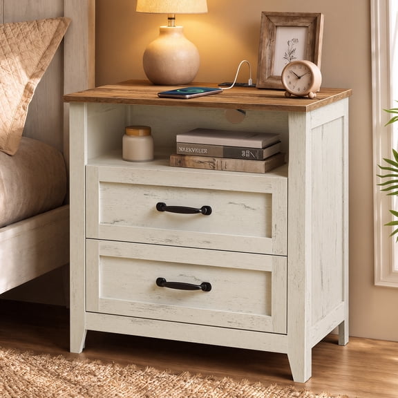 VASAGLE Farmhouse Nightstand with Charging Station, Open Shelf Bedside Table, End Table, 23.6 x 15.7 x 23.6 inch, Rustic White and Honey Brown