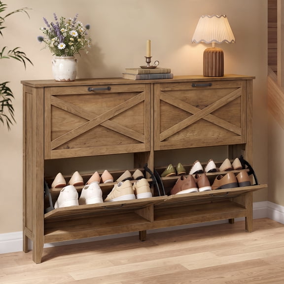 VASAGLE Farmhouse Shoe Cabinet, Narrow Storage Organizer, 4 Flip Drawers, Rustic Brown