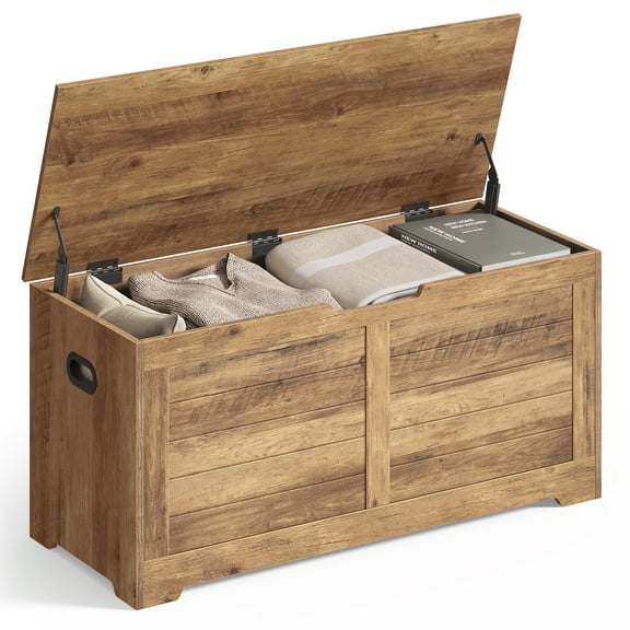 VASAGLE Farmhouse Style Storage Chest and Bench - Storage Trunk with Safety Hinges, Shoe Bench - Honey Brown, 15.7 x 39.4 x 18.1 Inches