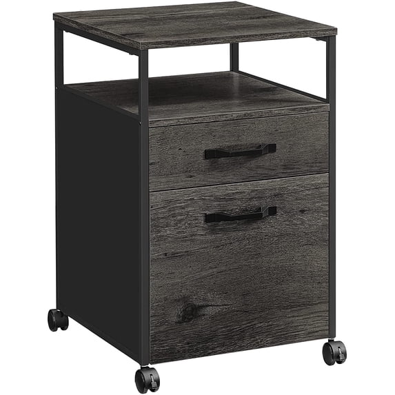 VASAGLE File Cabinet, Mobile Filing Cabinet with Wheels, 2 Drawers, Open Shelf, for A4, Letter Size, Hanging File Folders, Charcoal Gray and Black