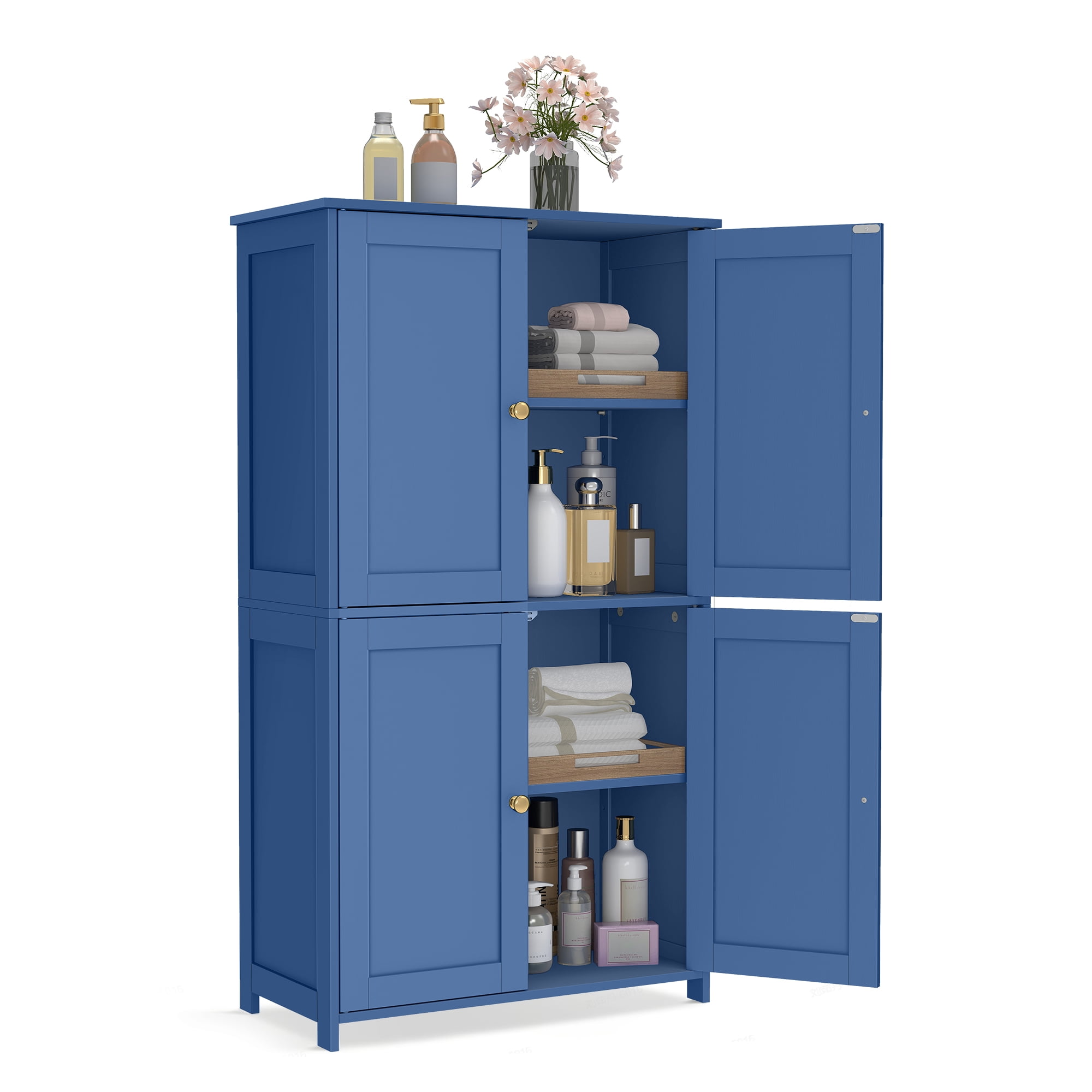 VASAGLE Floor Storage Cabinet, Shaker Cabinet with 2 Adjustable Shelves, 4 Doors, Tall Freestanding Organizer Unit, Bijou Blue