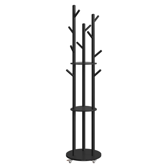 VASAGLE Freestanding Coat Rack Stand, Coat Tree with 11 Hooks, 3 Shelves, 4 Removable 360° Swivel Wheels, Wooden Hooks and Poles, for Entryway, Bedroom, Living Room, Ink Black