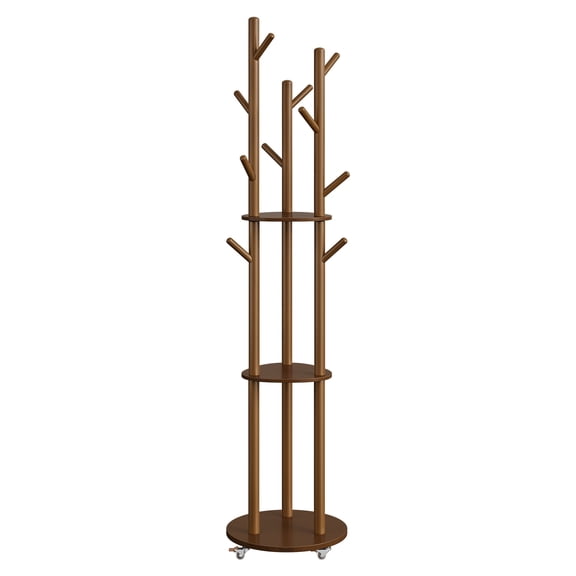 VASAGLE Freestanding Coat Rack Stand, Coat Tree with 11 Hooks, 3 Shelves, 4 Removable 360° Swivel Wheels, Wooden Hooks and Poles, for Entryway, Bedroom, Living Room, Walnut Brown