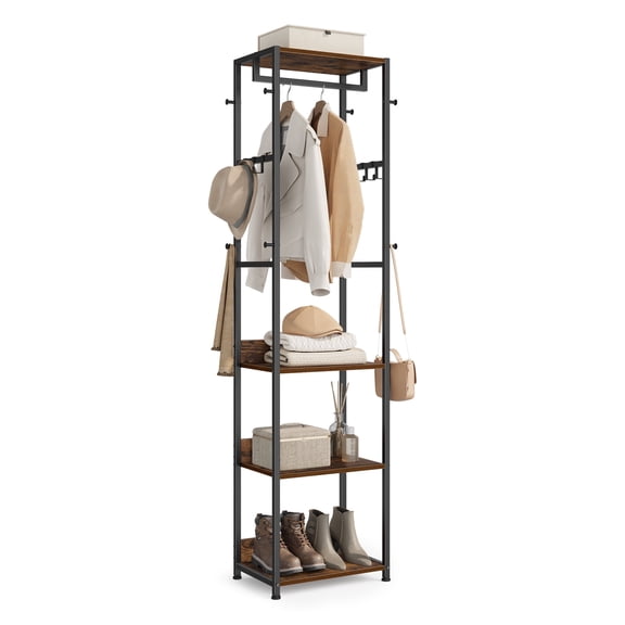VASAGLE Freestanding Portable Closet, Clothes Rack with Shelves, Hanging Rail, and Hooks, Space-Saving Coat Stand, Steel Frame, for Clothing, Bags, Hats, Ink Black and Rustic Brown