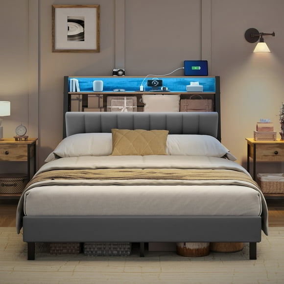 Full Size LED Bed Frame with Charging Station & RGB Headboard - 2 AC Outlets/USB-C Ports, 1000lb Capacity Storage Platform Bed, No Box Spring Needed in Dove Gray/Brown