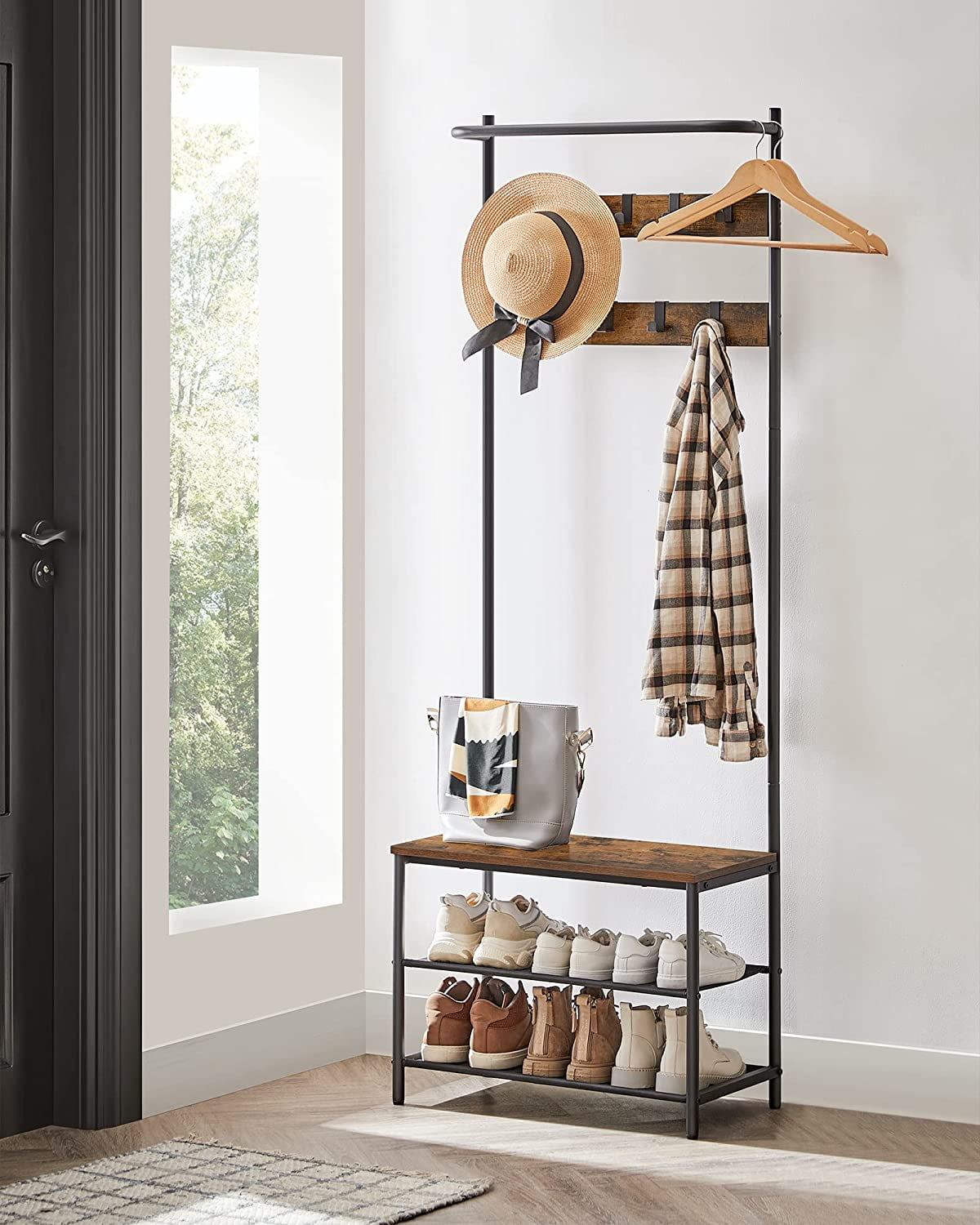 Tree Shoe Rack VASAGLE Hall Tree, Bench, Shoe Storage, Coat Rack, 9 Hooks, Top Bar ...