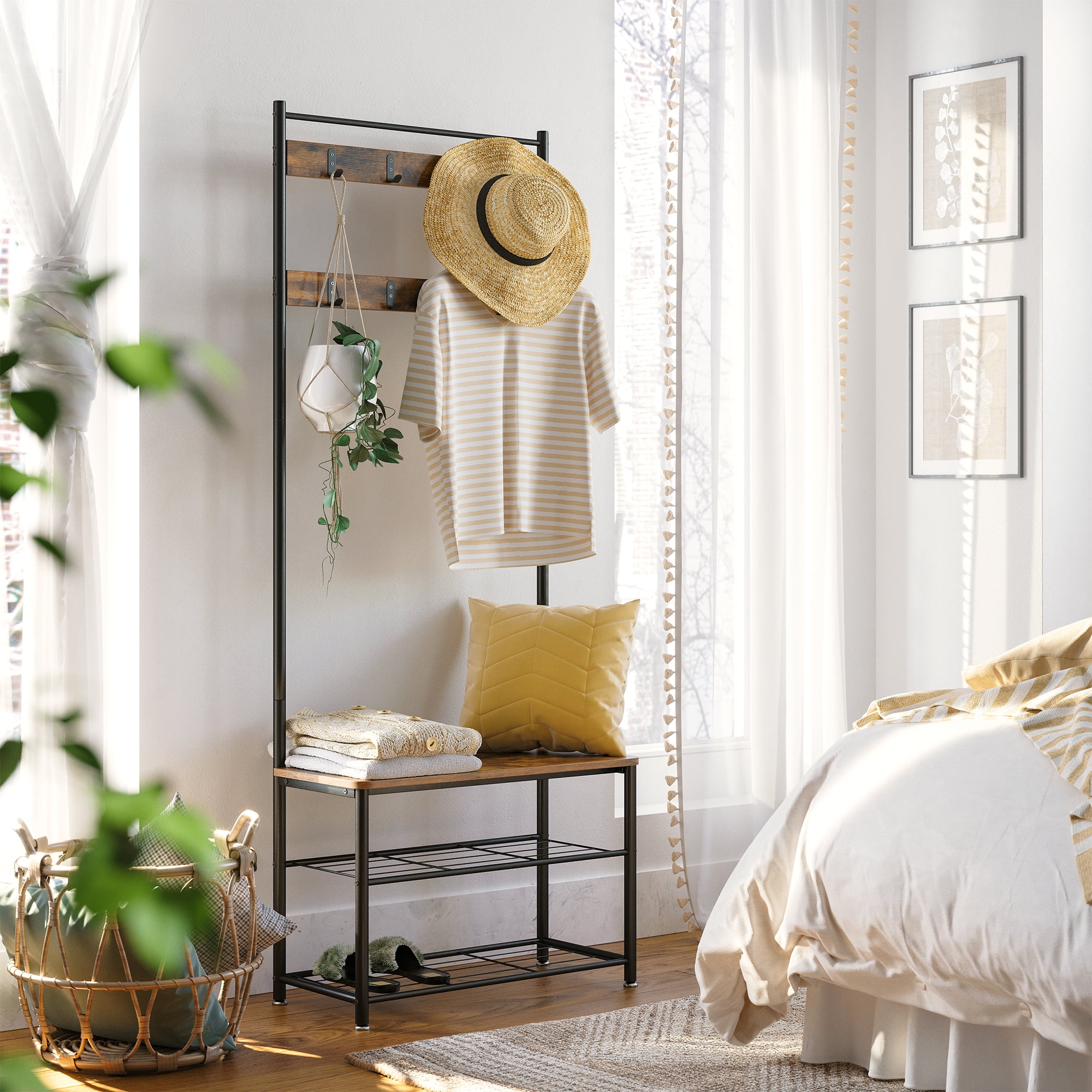 Rustic Brown and Black Hall Tree with Storage Bench