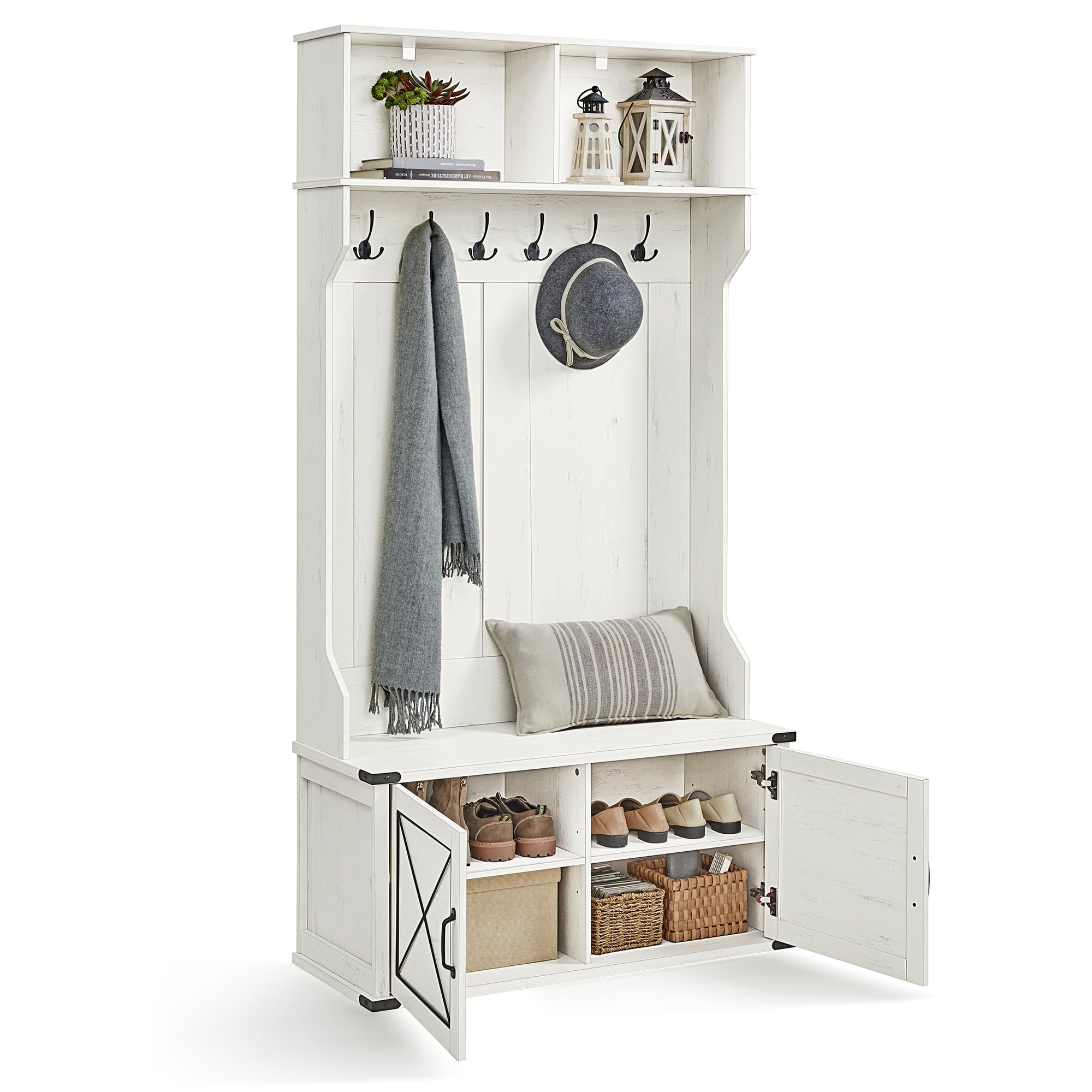 VASAGLE Rustic White Hall Tree with Bench and Storage