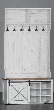 Rustic White and Honey Brown Hall Tree with Storage Bench