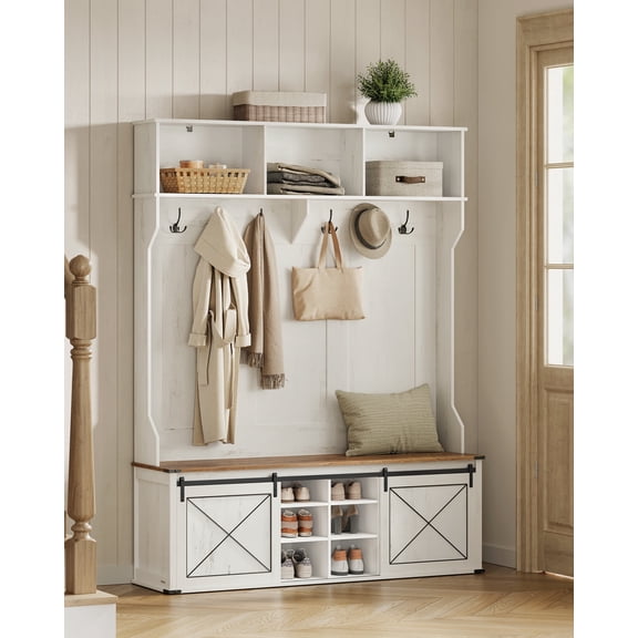 Hall Tree with Bench and shoe storage, Coat Rack with shoe Bench, Entryway furniture, Tri-Hooks, farmhouse style, ustic white and Honey Brown
