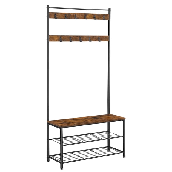 VASAGLE Industrial Coat Rack with Shoe Storage Bench, 3-in-1 Entryway Organizer, Steel Frame - Rustic Brown/Black, 12.6 x 33.5 x 68.9 Inches