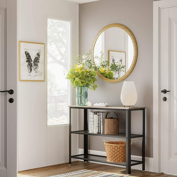 VASAGLE Industrial Console Table, Hallway Table with 2 Mesh Shelves,Greige and Black