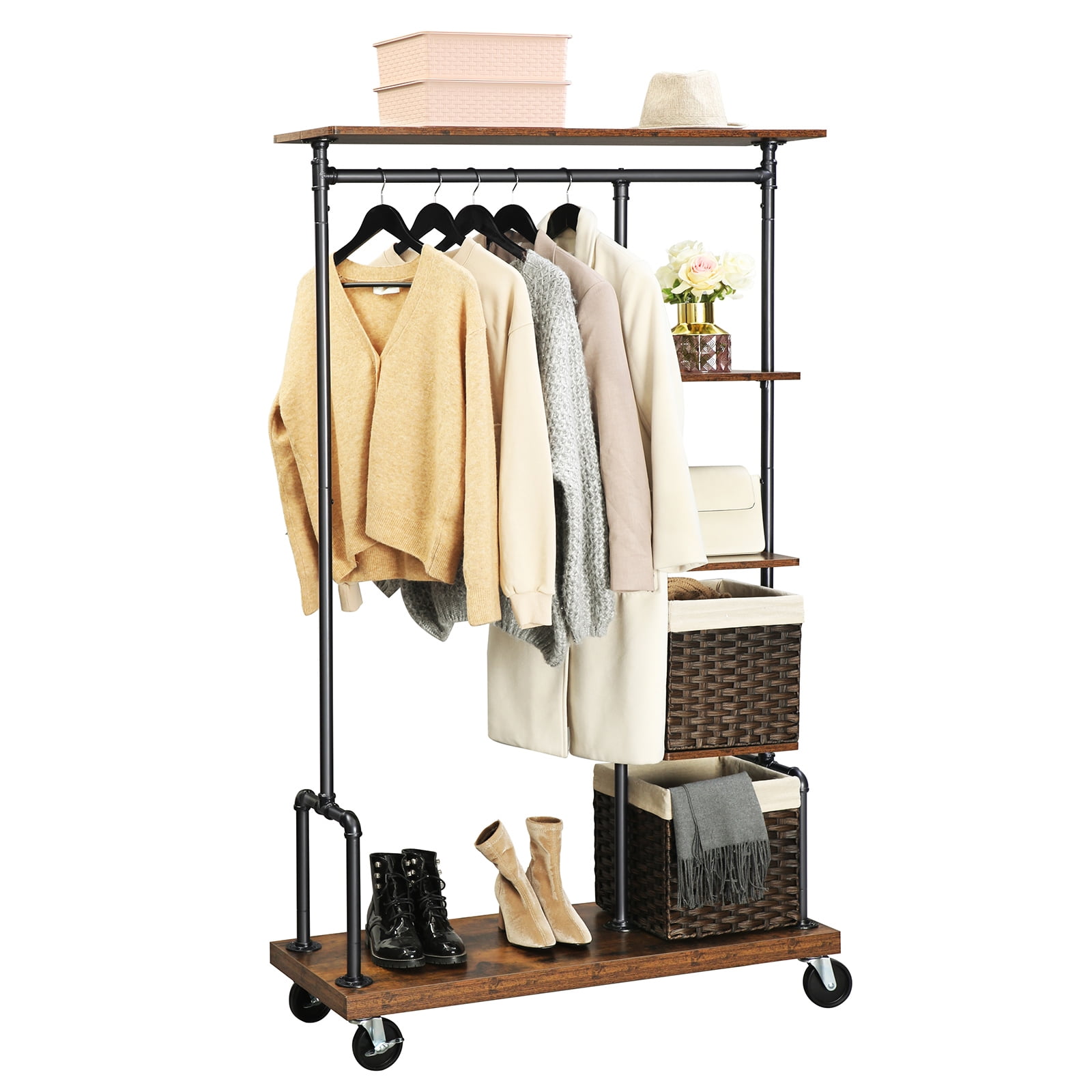 Rustic Brown Industrial Pipe Style Rolling Clothes Organizer with Wood Shelves