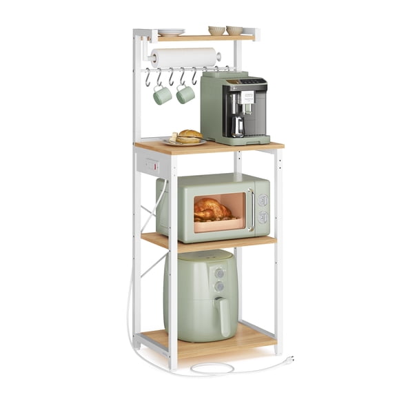 VASAGLE Kitchen Bakers Rack with Power Outlet, Coffee Bar 4-Tier with 8 S Hooks, Microwave Stand, Adjustable Shelf, Golden Oak and Cloud White
