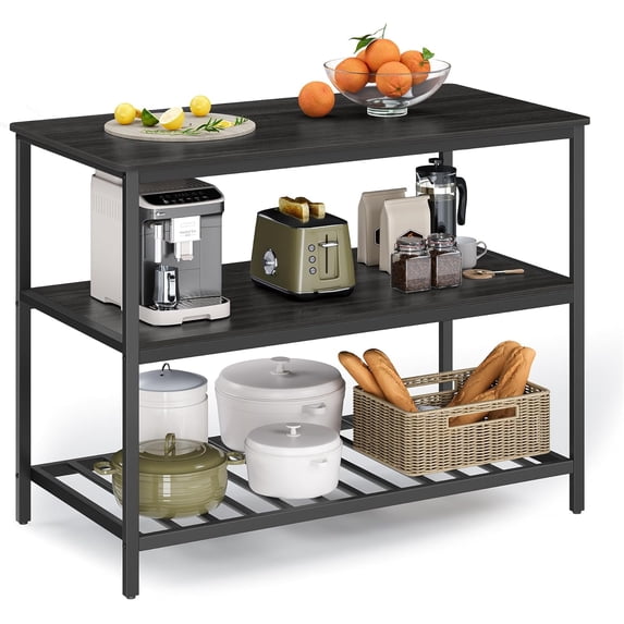 VASAGLE Kitchen Island with 3 Shelves, 47.2 Inches Kitchen Shelf with Large Worktop, Ebonised Oak and Black