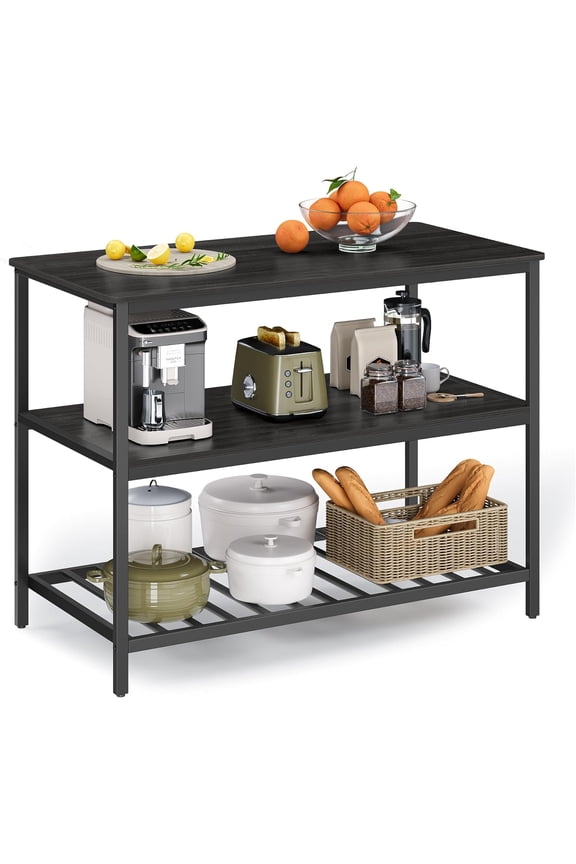 Kitchen Island with 3 Shelves, 47.2 Inches Kitchen Shelf with Large Worktop, Ebonised Oak and Black
