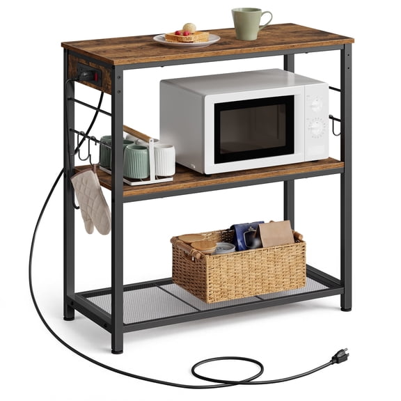 VASAGLE Kitchen Island with Power Strip, Microwave Oven Stand, Kitchen Shelf, Baker's Rack, 15.7 x 31.5 x 35.4 Inches, Rustic Brown and Black