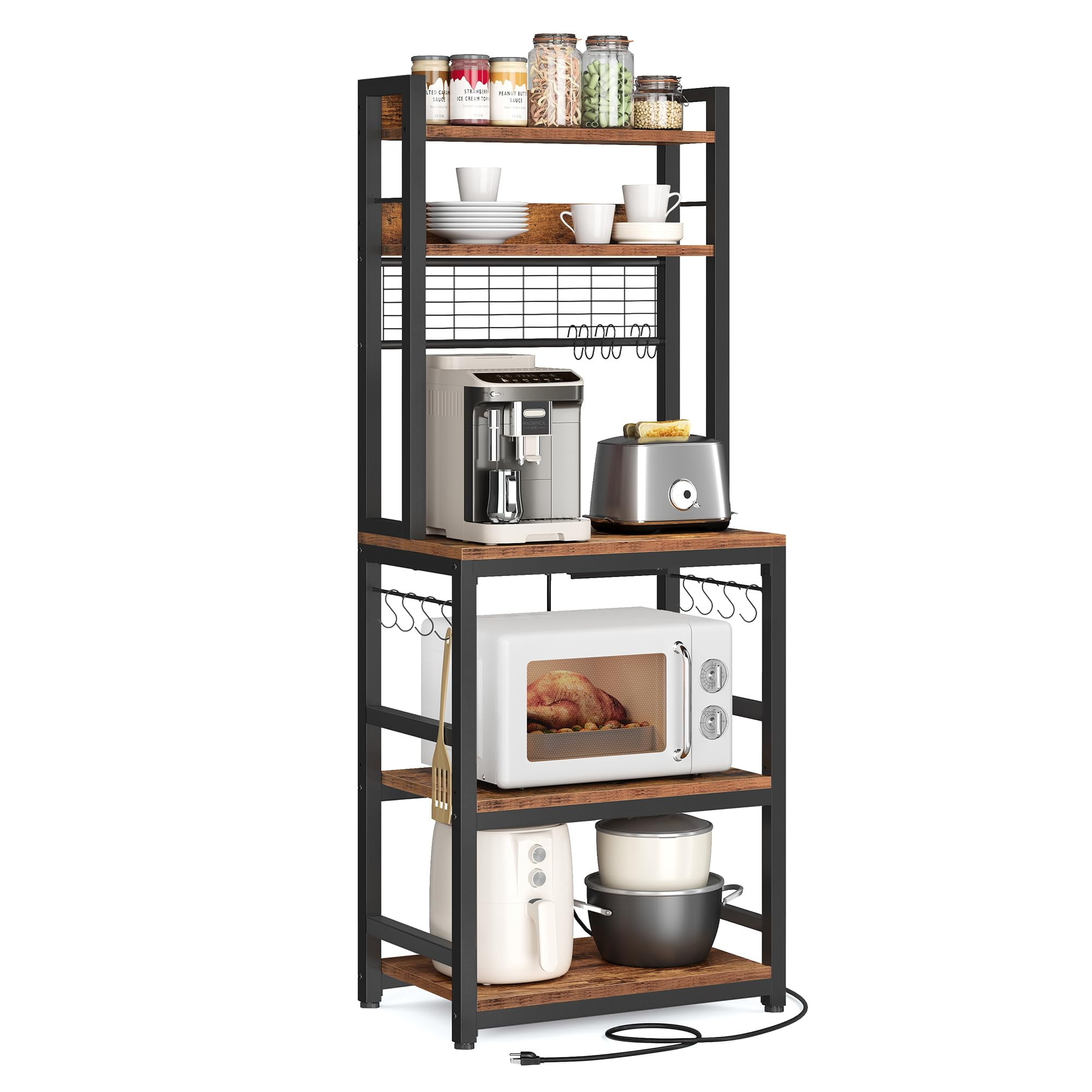 VASAGLE Rustic Brown and Black Adjustable Metal Bakers Rack
