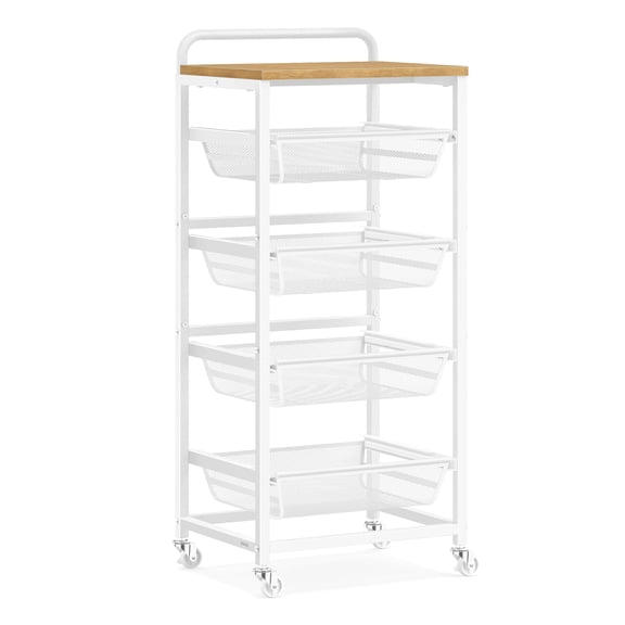 VASAGLE Kitchen Storage Cart with Pull-Out Baskets, 5-Tier Rolling Utility Cart with Wheels for Snacks, Handle, 12.5 x 15.8 x 37.4 Inches, Golden Oak and Matte White