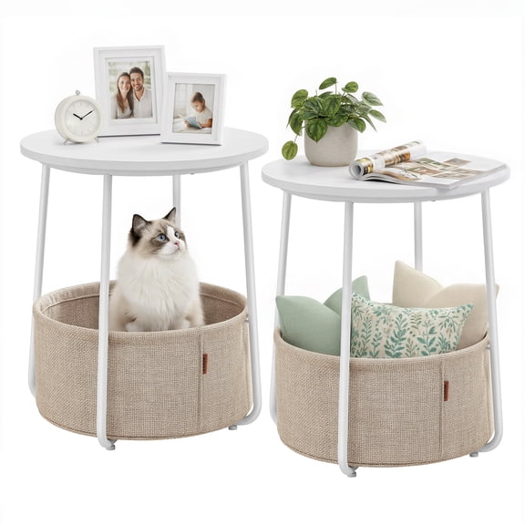 VASAGLE LILEA Collection - Small Round Side End Table, Modern Nightstand with Fabric Basket, Set of 2, Matte White and Camel Brown