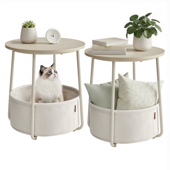 VASAGLE LILEA Collection - Small Round Side End Table, Modern Nightstand with Fabric Basket, for Living Room, Bedroom, Set of 2, Cream White