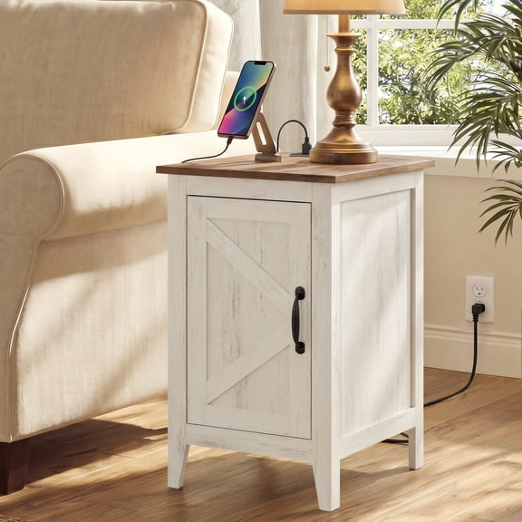 VASAGLE LIRY Collection - End Table with Charging Station, Side Table with Storage Cabinet, Night Stand for Bedroom, Rustic White and Honey Brown