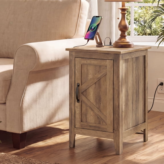 VASAGLE LIRY Collection - End Table with Charging Station, Side Table with Storage Cabinet, Night Stand for Living Room, Bedroom, Warm Brown