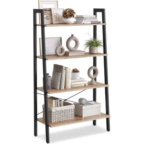 VASAGLE Ladder Shelf, 4-Tier Bookshelf, Storage Rack, Bookcase with Steel Frame, Industrial Style, Camel Brown and Black