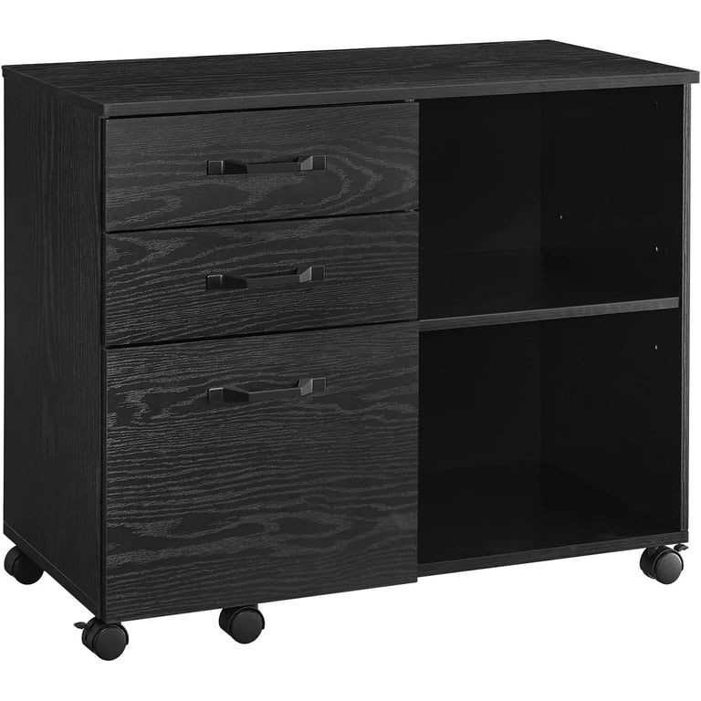 VASAGLE Lateral File Cabinet Home Office Printer Stand with 3 Drawers and  Open Storage Shelves for A4 Black with Wood Grain 