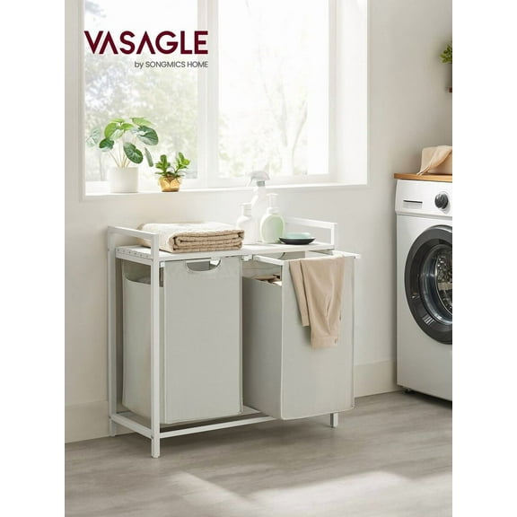 Laundry Hamper, Laundry Basket, Laundry Sorter With 2 Pull-Out And Removable Bags, Shelf, Metal Frame, 2 X 12.1 Gallons (46L), 28.8 X 13 X 28.4 Inches, White, Gray, Black, Light Gray