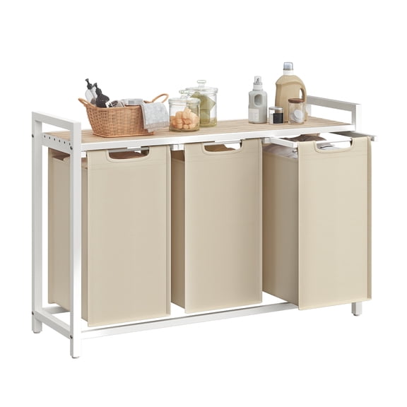 VASAGLE Laundry Hamper, Laundry Basket Sorter with 3 Pull-Out and Removable Bags, Shelf, 3 x 10.6 Gallons (40 L), Cappuccino Beige and Natural Beige